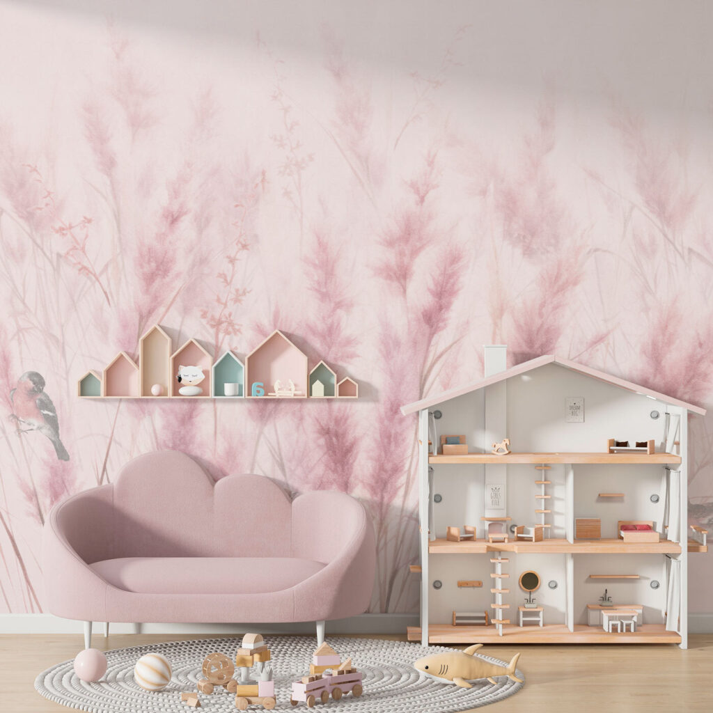 A group of birds in a field of pink grass A group of birds in a field of pink grass