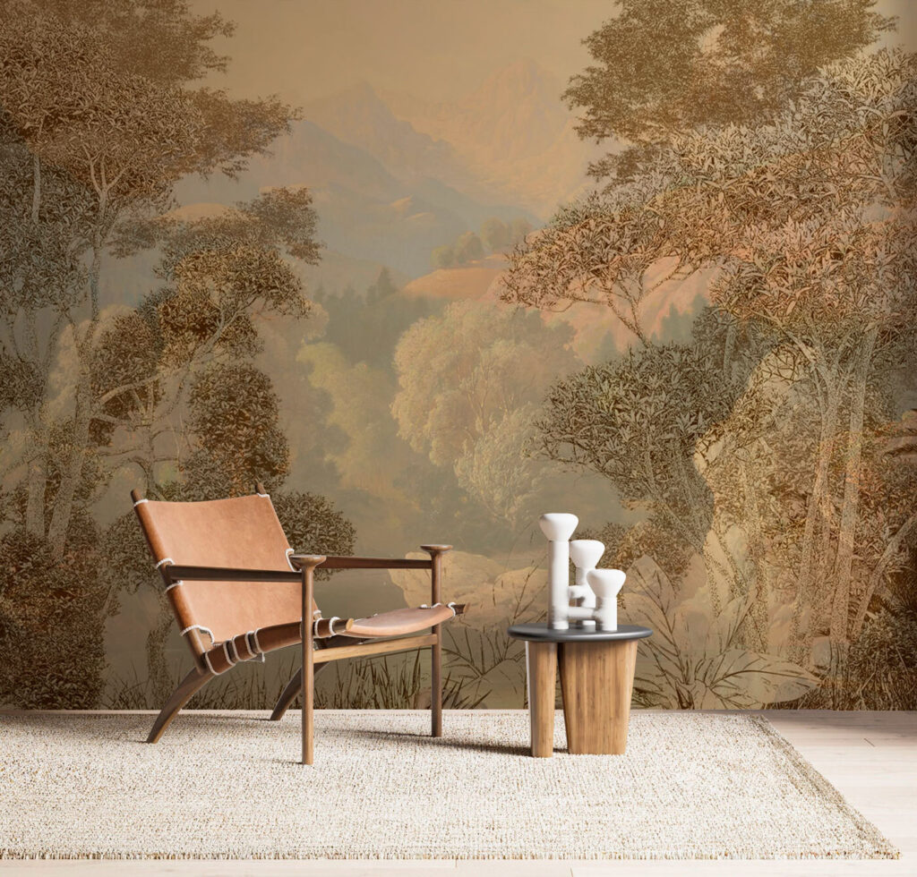 A painting of a river and trees A painting of a river and trees