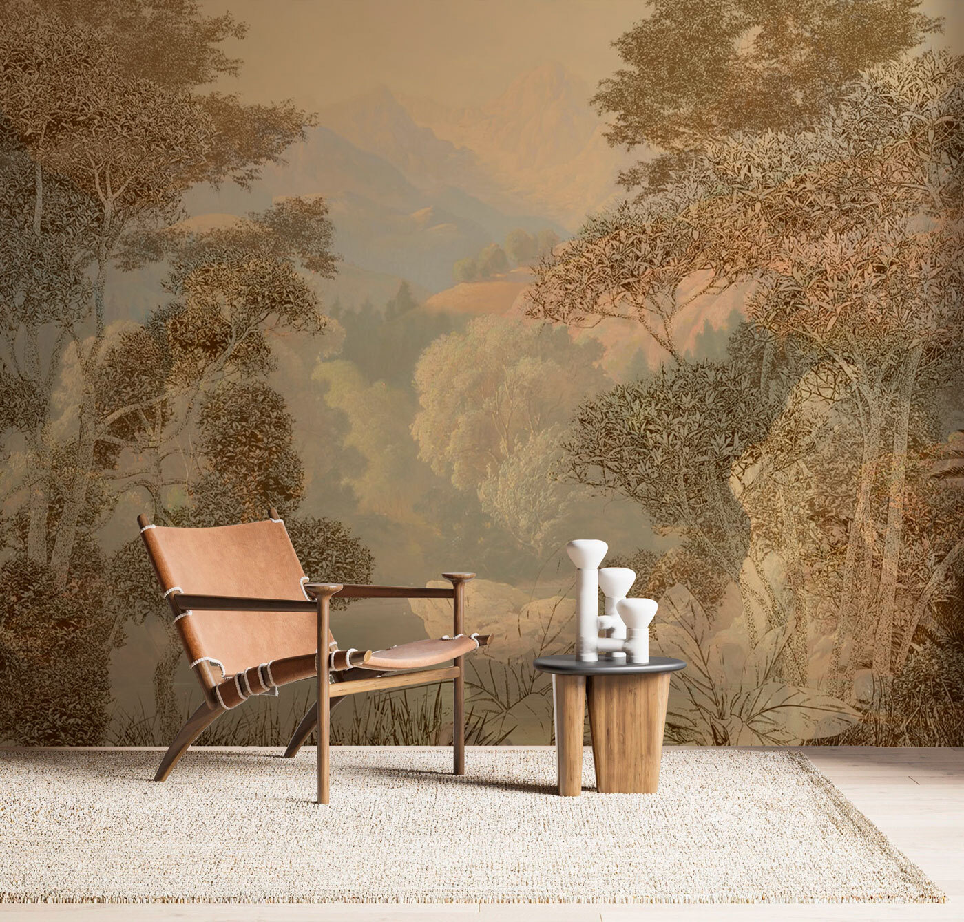 A painting of a river and trees A painting of a river and trees