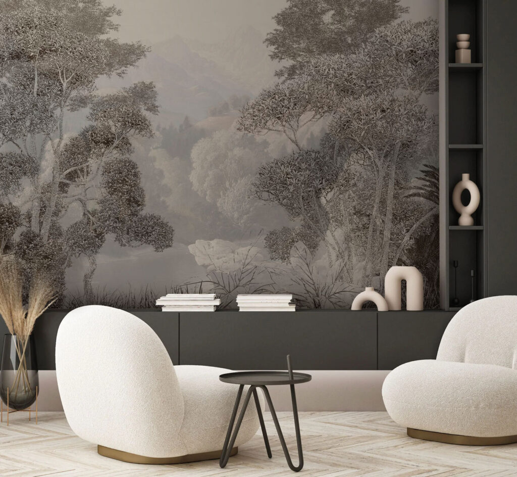 A landscape with trees and mountains