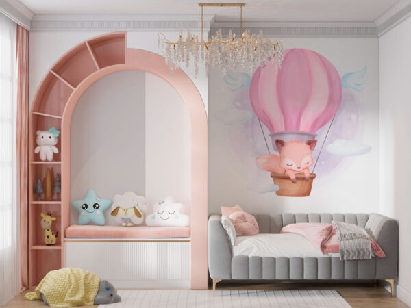 A cartoon fox in a hot air balloon