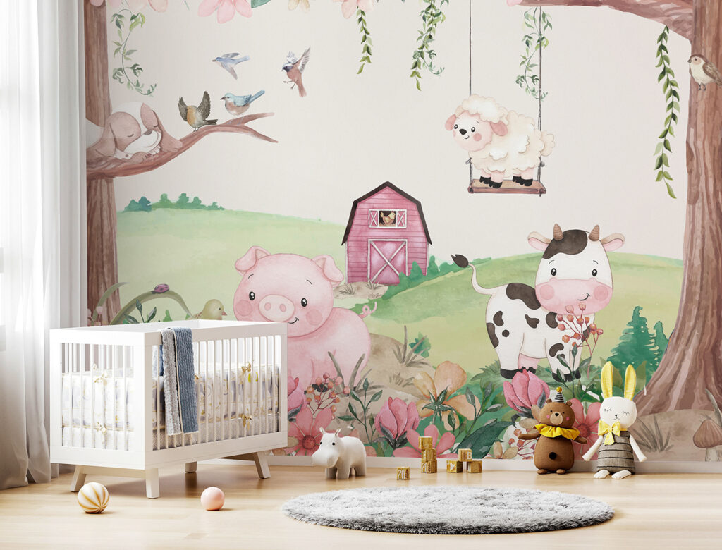 A watercolor painting of animals in a farm A watercolor painting of animals in a farm