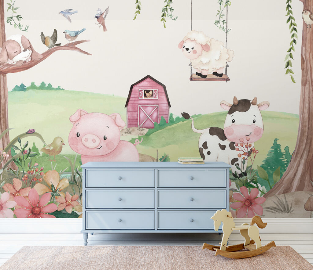 A watercolor painting of animals in a farm A watercolor painting of animals in a farm