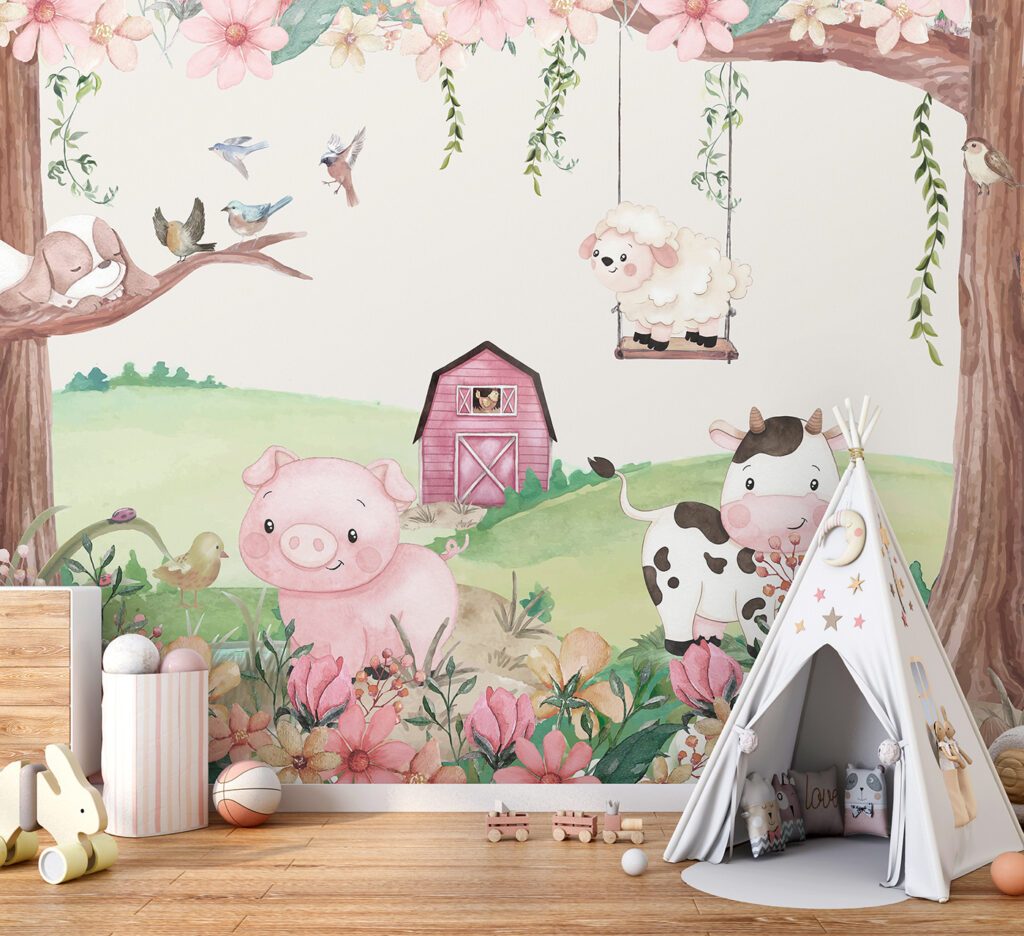 A watercolor painting of animals in a farm A watercolor painting of animals in a farm