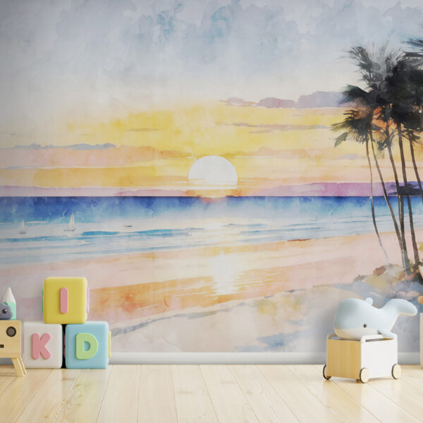 Fototapety Akvarel pláže s palmami a západom slnka