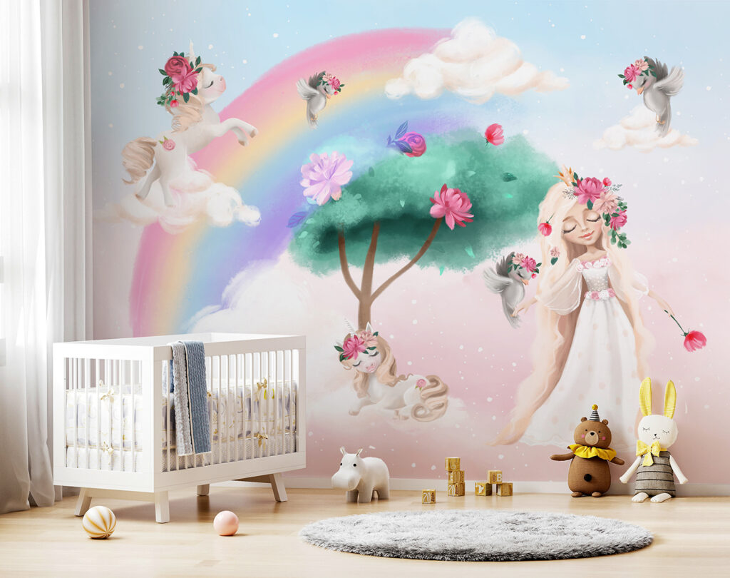 Cartoon of a girl with flowers on her hair and a rainbow Cartoon of a girl with flowers on her hair and a rainbow