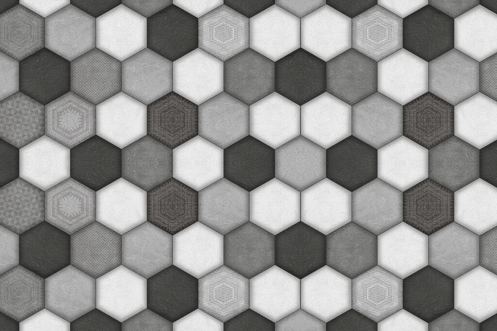 Geometrický šesťuholníkový vzor v odtieňoch sivej. Geometrický šesťuholníkový vzor v odtieňoch sivej.