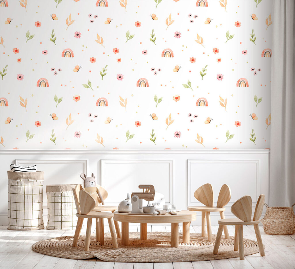 Pattern of flowers and rainbows