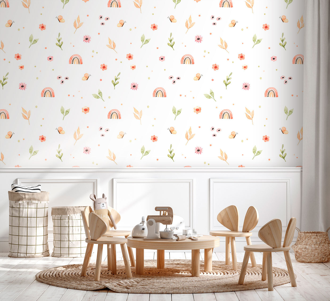 Pattern of flowers and rainbows