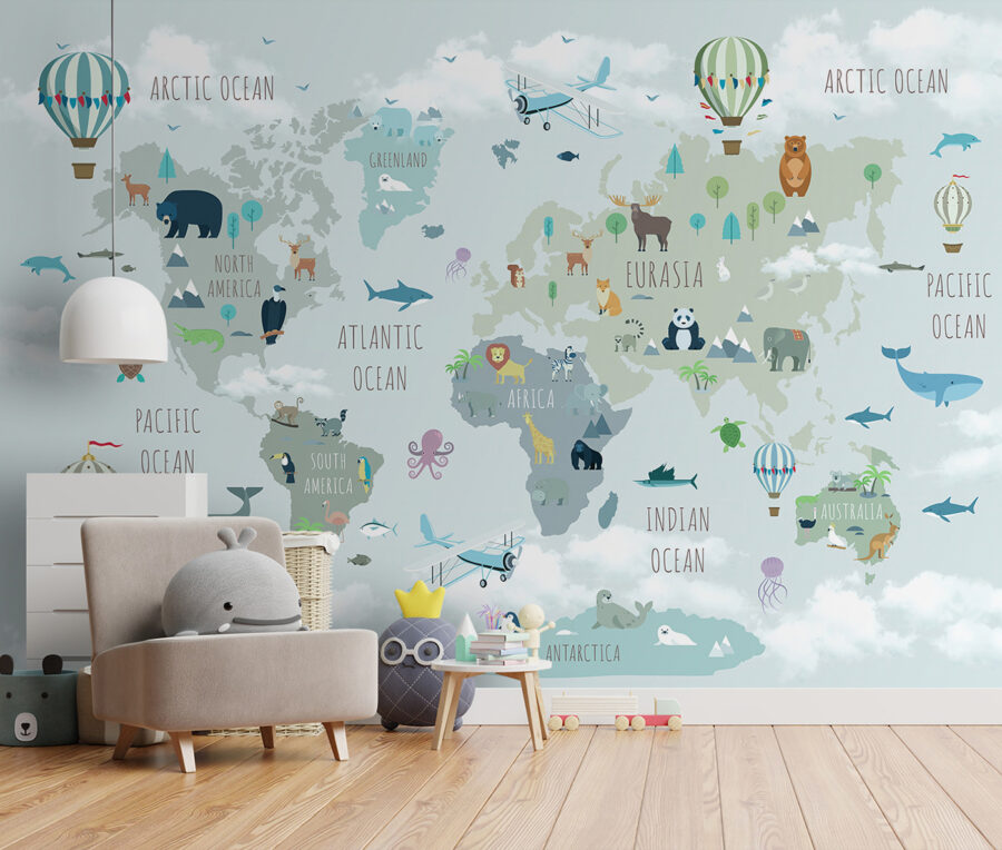 Mapa sveta so zvieratami a vtákmi Mapa sveta so zvieratami a vtákmi