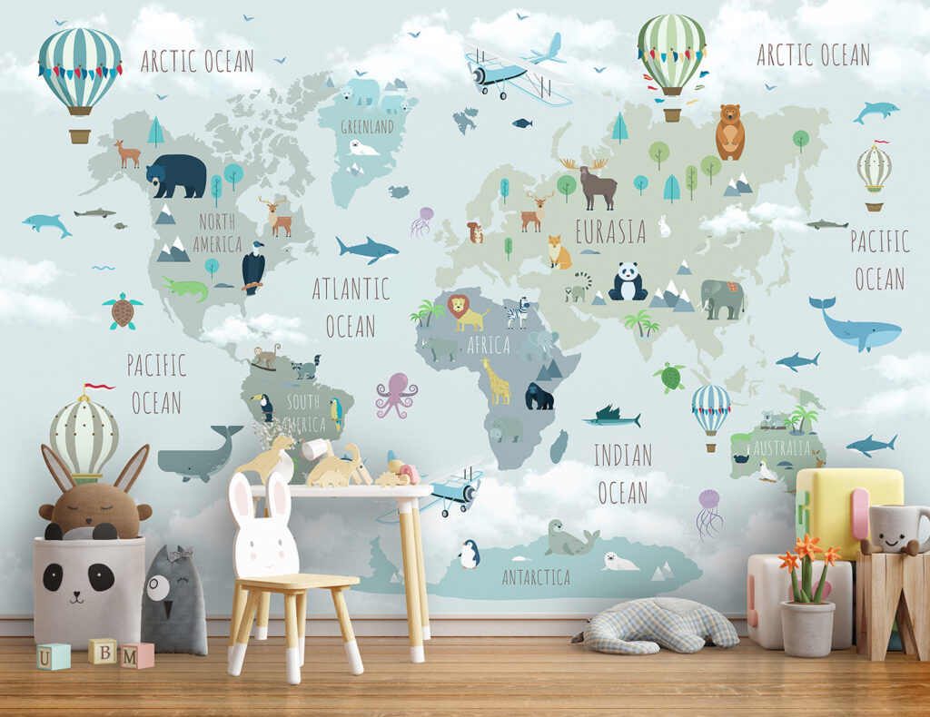 Map of the world with animals and birds Map of the world with animals and birds