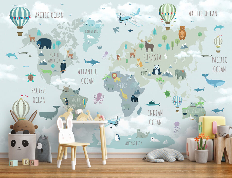 Mapa sveta so zvieratami a vtákmi Mapa sveta so zvieratami a vtákmi