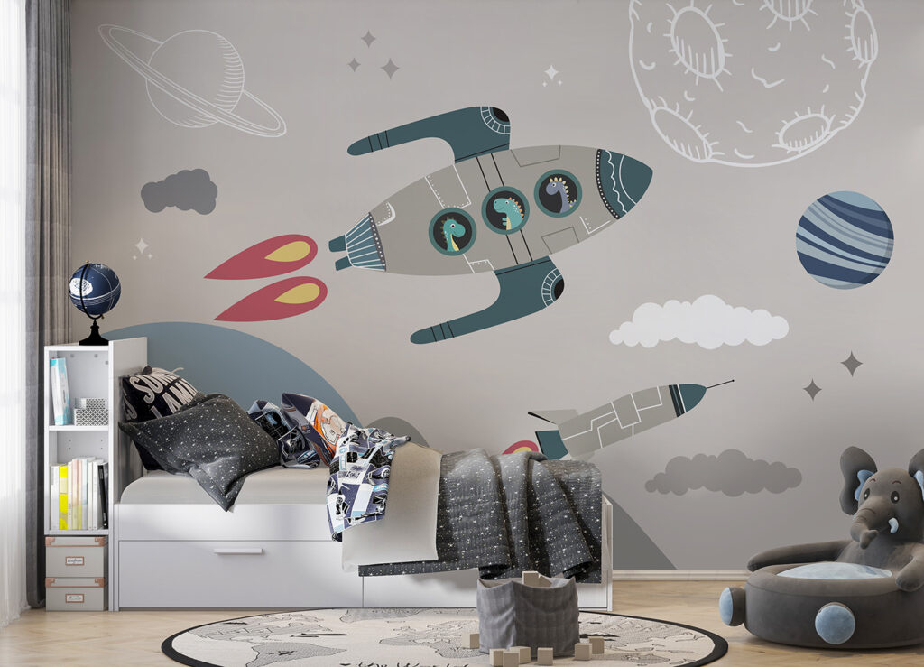 Cartoon rocket ship and rockets in the sky Cartoon rocket ship and rockets in the sky