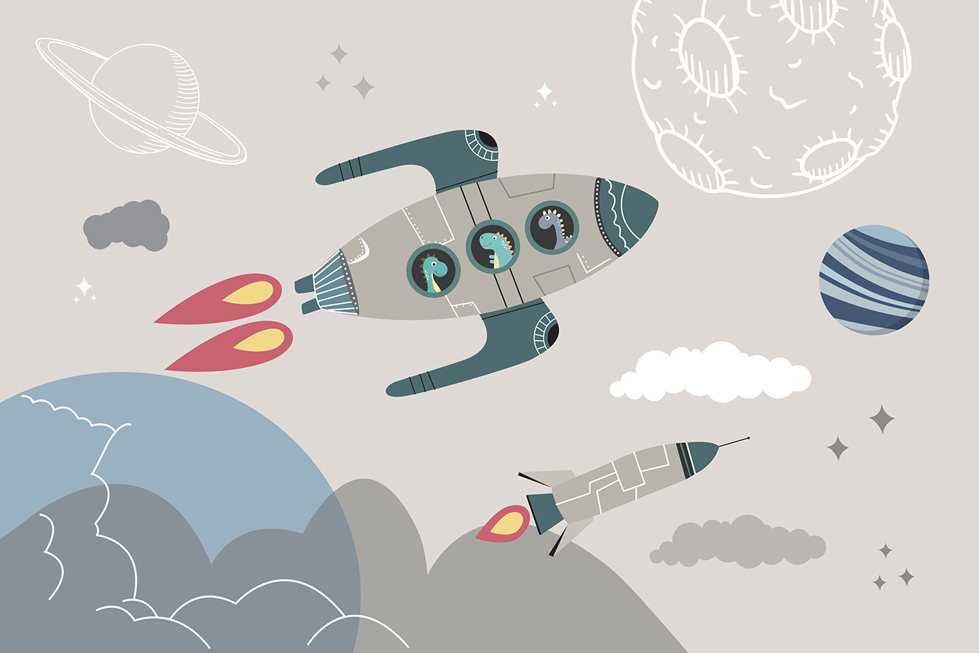 Cartoon rocket ship and rockets in the sky Cartoon rocket ship and rockets in the sky