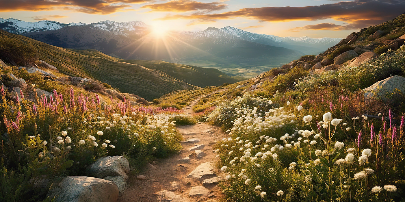 Path through a valley with flowers and mountains in the background Path through a valley with flowers and mountains in the background