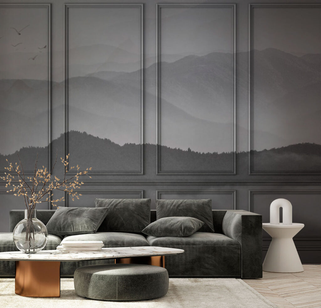 Wall with a picture of mountains and birds Wall with a picture of mountains and birds