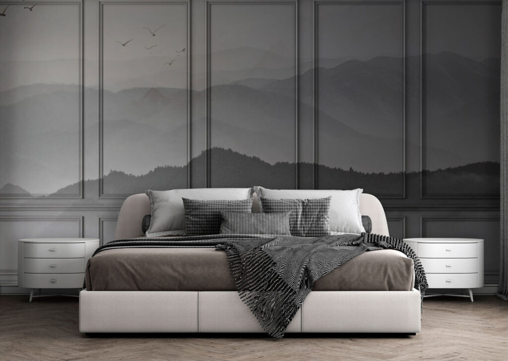 Wall with a picture of mountains and birds Wall with a picture of mountains and birds