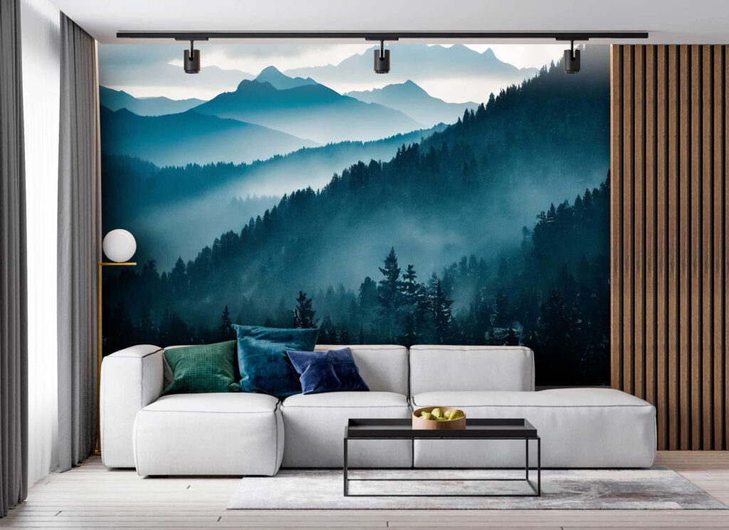 Mountain range with trees and fog