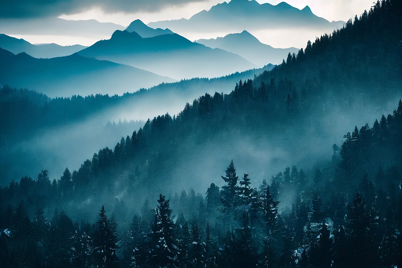 Mountain range with trees and fog
