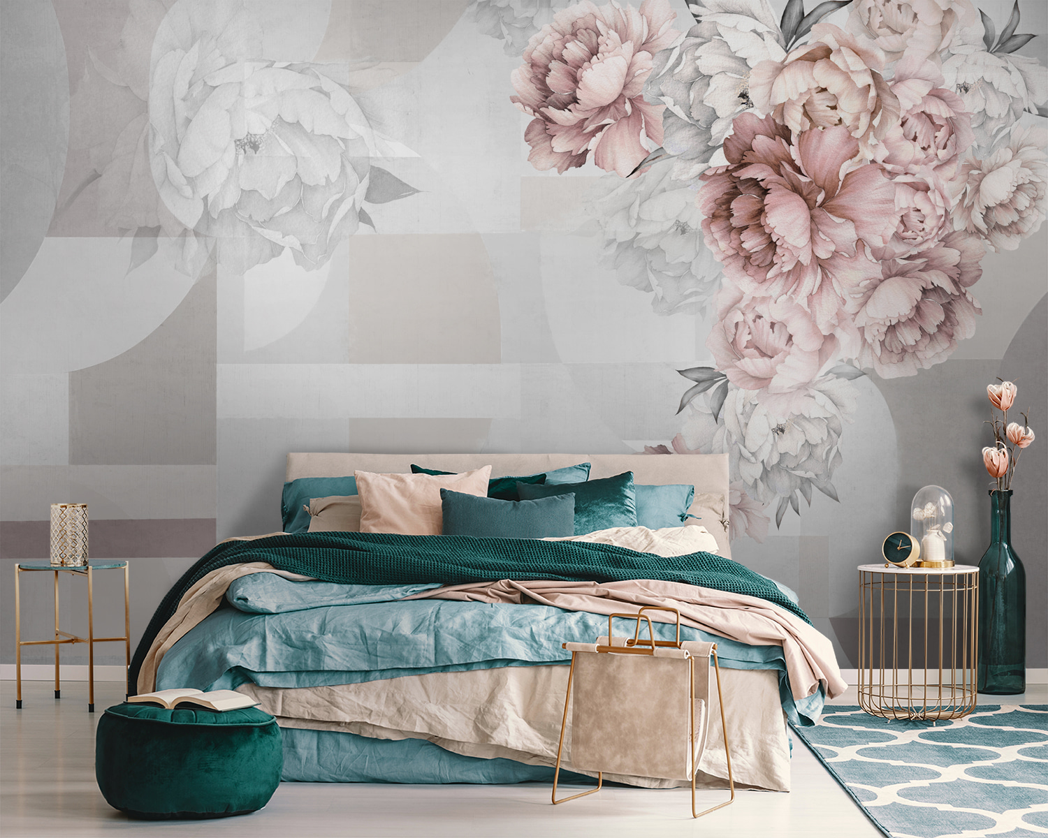 Soft florals complementing abstract shapes