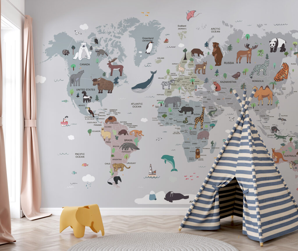 Map of the world with animals Map of the world with animals