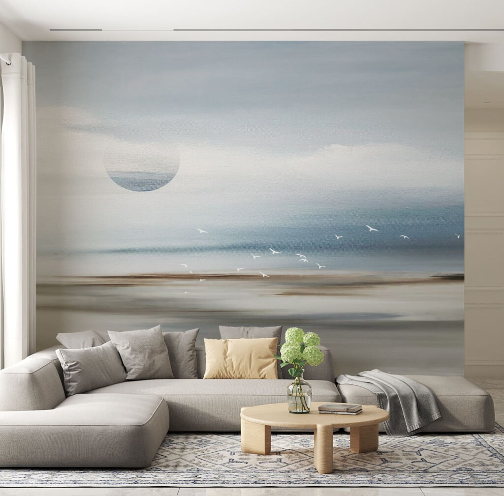 A landscape with birds flying over the horizon