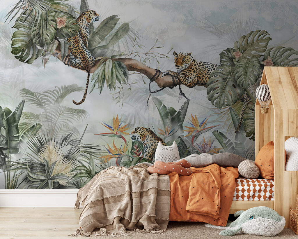 Painting of a group of cheetahs on a tree branch Painting of a group of cheetahs on a tree branch