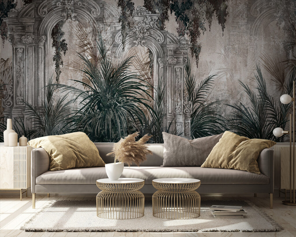 Painting of a stone arch with plants