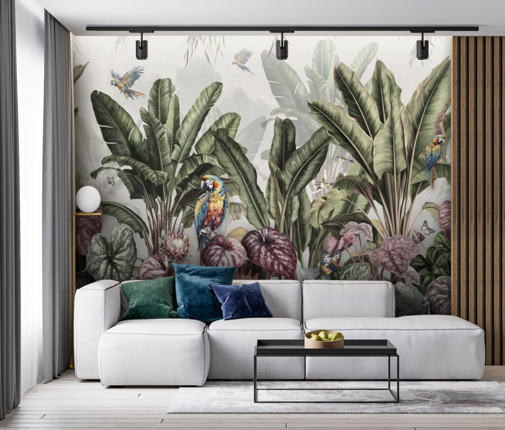 Wallpaper with tropical plants and birds