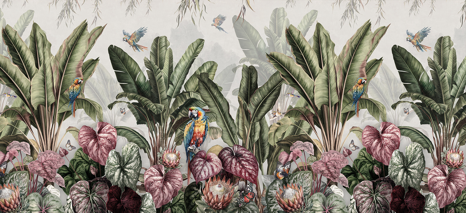 Wallpaper with tropical plants and birds