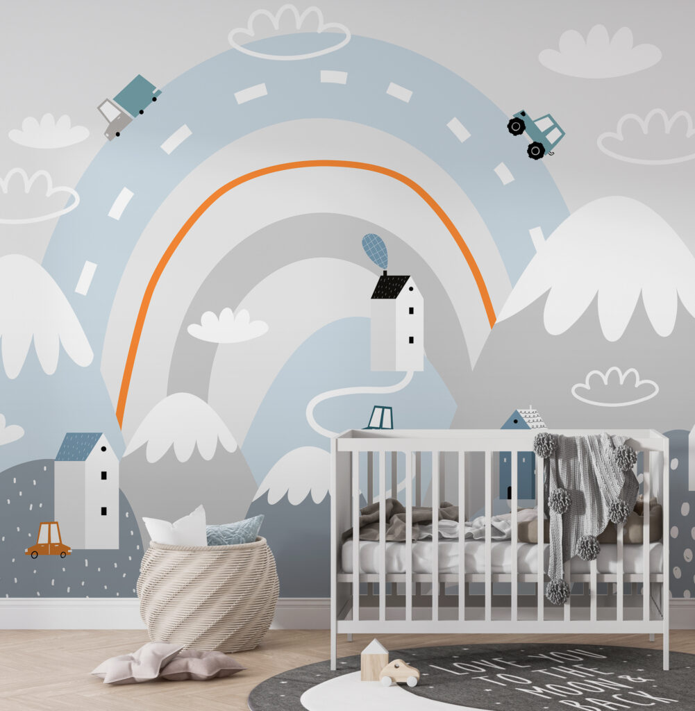 Cartoon of a road with houses and rainbow Cartoon of a road with houses and rainbow