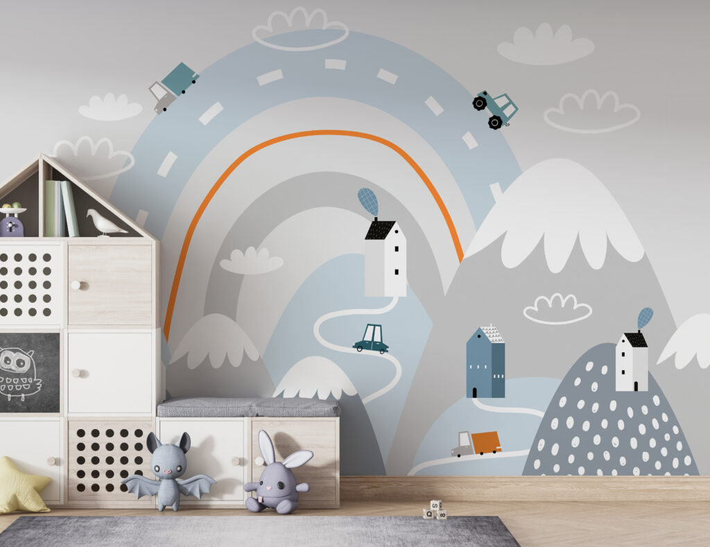 Cartoon of a road with houses and rainbow Cartoon of a road with houses and rainbow