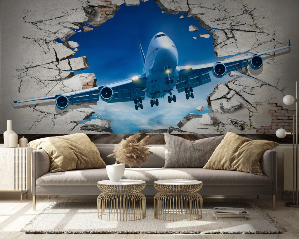 Plane coming through a hole in the wall