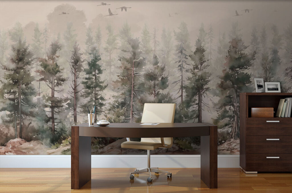 Watercolor of trees and birds flying over a foggy forest Watercolor of trees and birds flying over a foggy forest