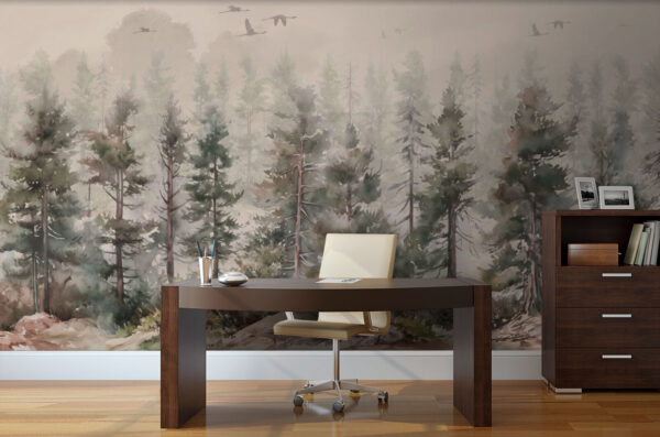 Watercolor of trees and birds flying over a foggy forest Watercolor of trees and birds flying over a foggy forest