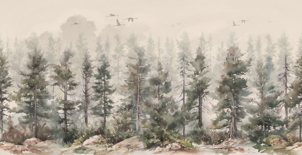 Watercolor of trees and birds flying over a foggy forest Watercolor of trees and birds flying over a foggy forest