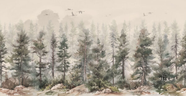 Watercolor of trees and birds flying over a foggy forest Watercolor of trees and birds flying over a foggy forest