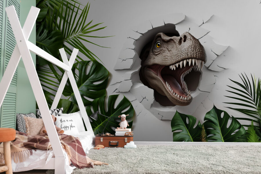 Dinosaurie hlavy vychádzajúce z diery v stene