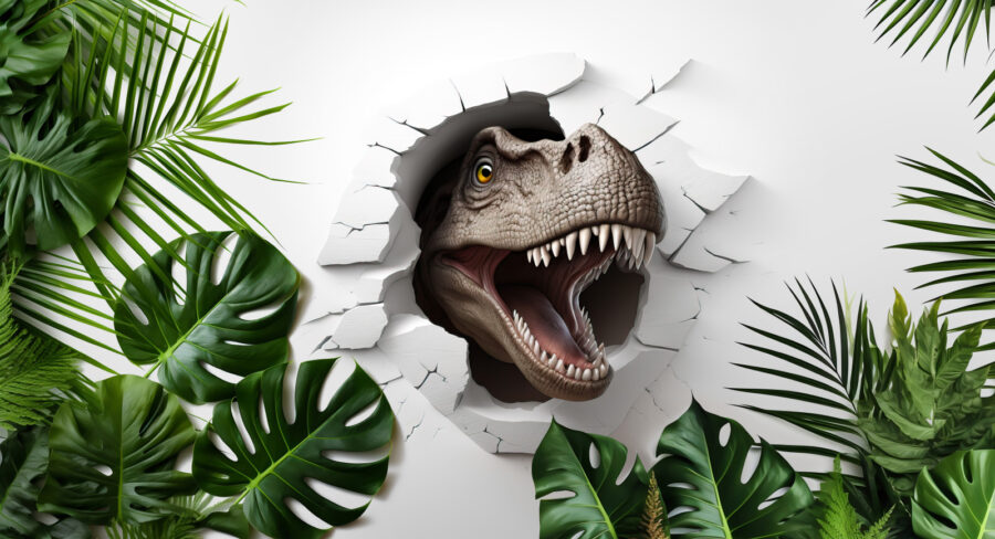 Dinosaurie hlavy vychádzajúce z diery v stene