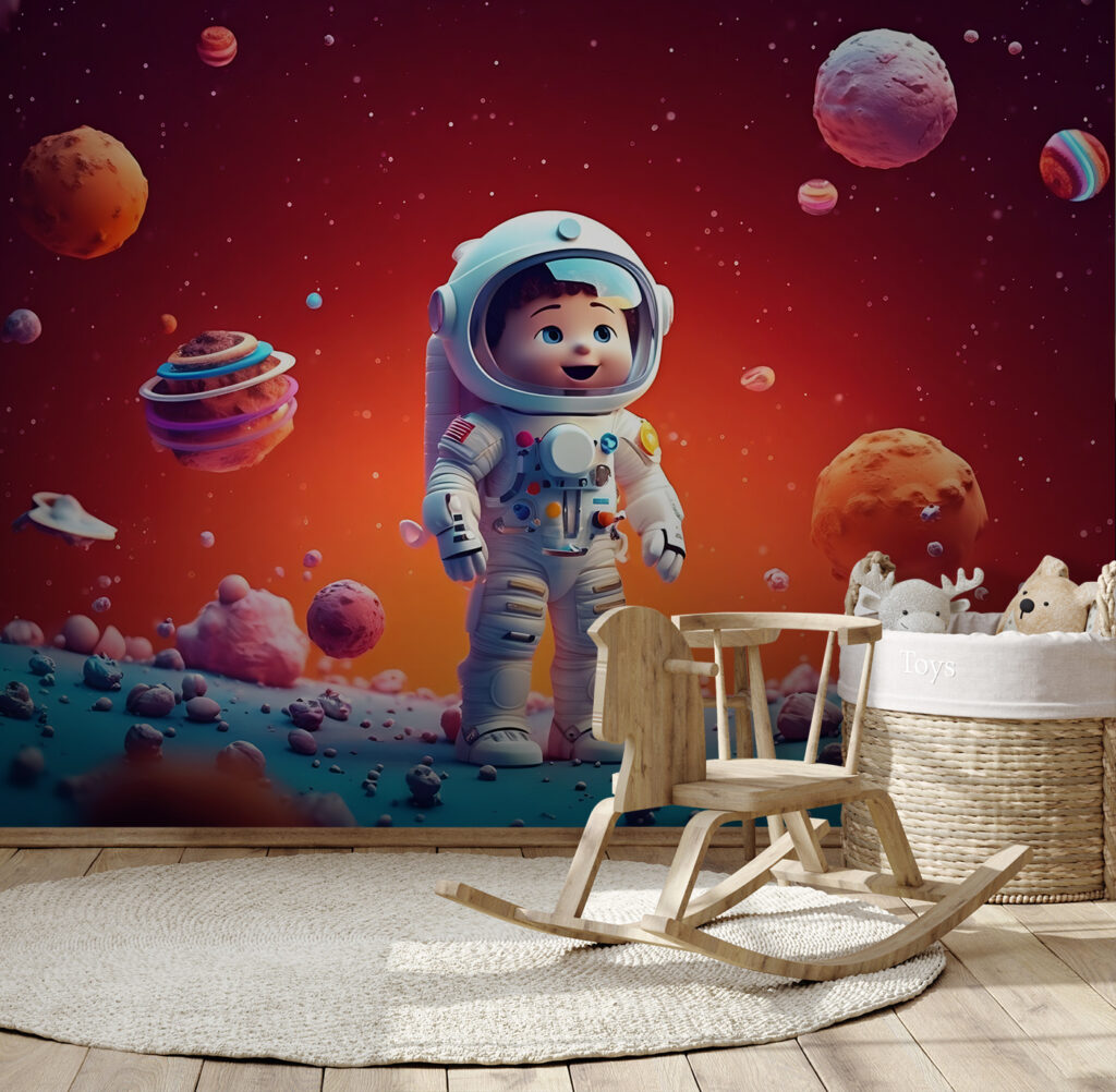 Cartoon of a toy astronaut in space