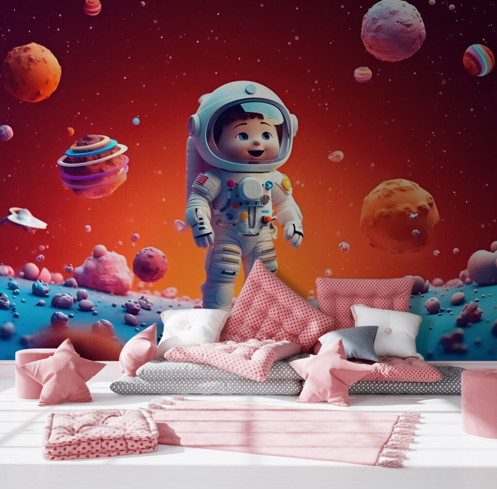 Cartoon of a toy astronaut in space