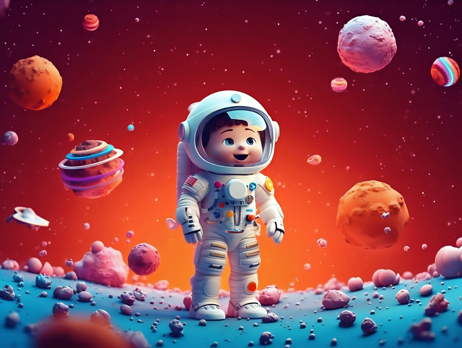 Cartoon of a toy astronaut in space