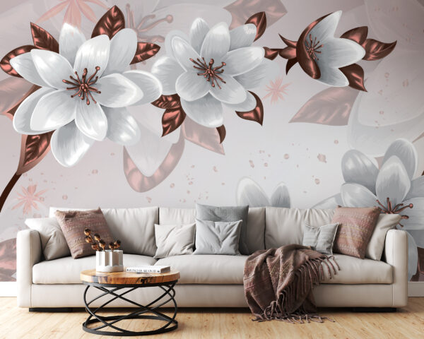 Skupina bielych kvetov s hnedými listami Fototapety Skupina bielych kvetov s hnedými listami