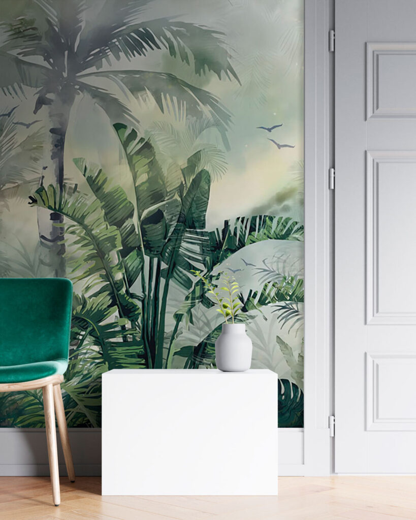 Foggy forest with palm trees