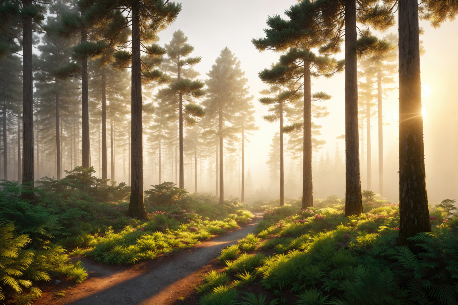 Path through a forest with trees and plants