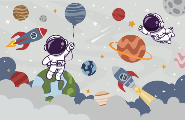 Kreslený astronaut vo vesmíre s planétami a raketou letiacou na oblohe Kreslený astronaut vo vesmíre s planétami a raketou letiacou na oblohe