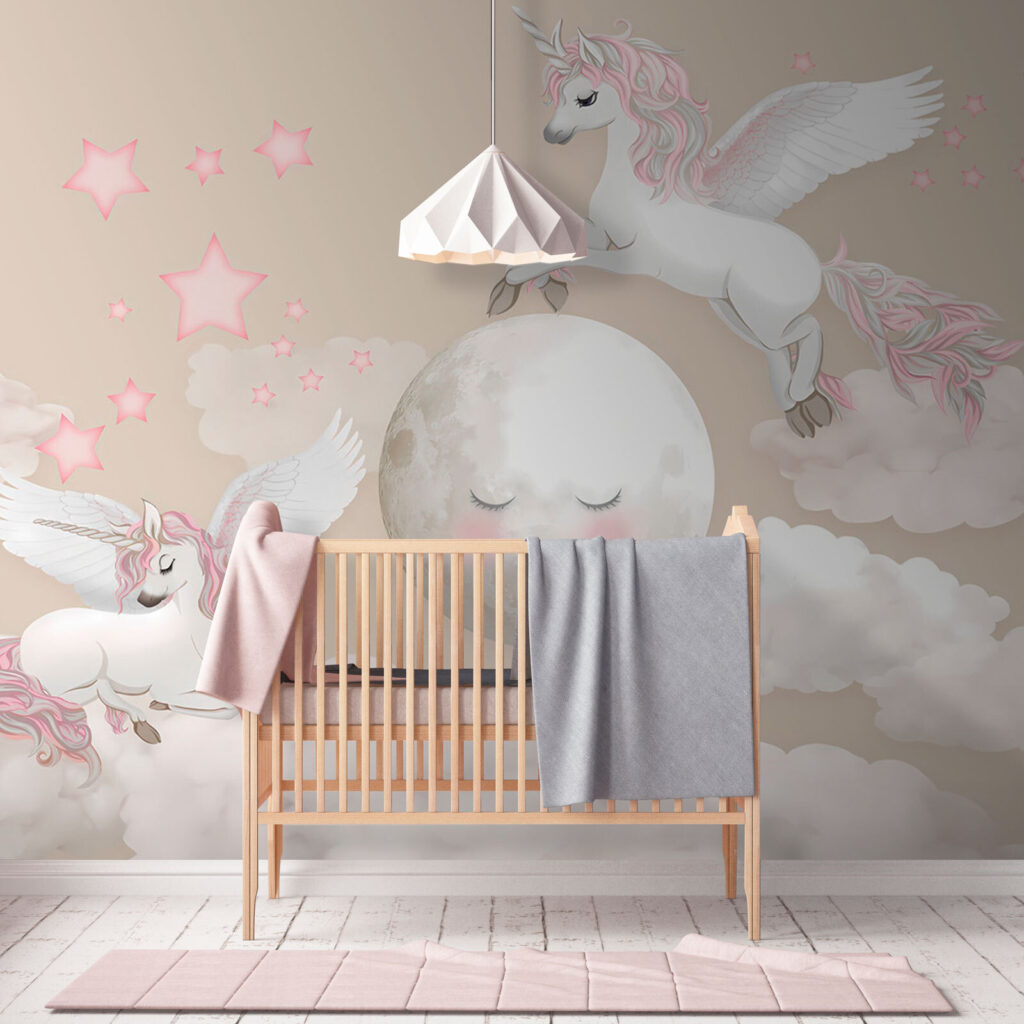 Group of unicorns flying on the moon