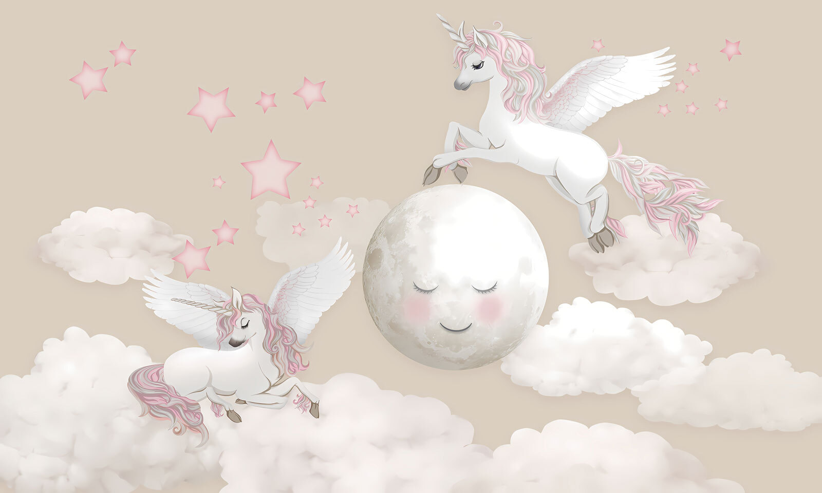 Group of unicorns flying on the moon