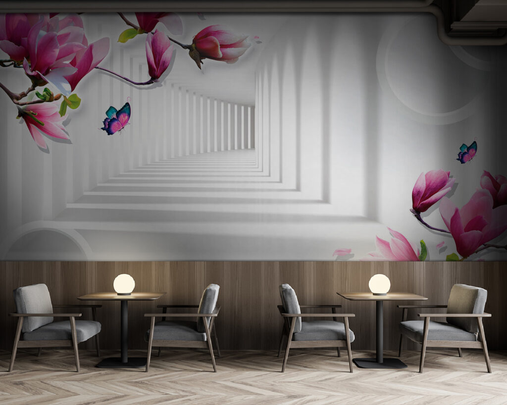 Wallpaper with pink flowers and butterflies Wallpaper with pink flowers and butterflies