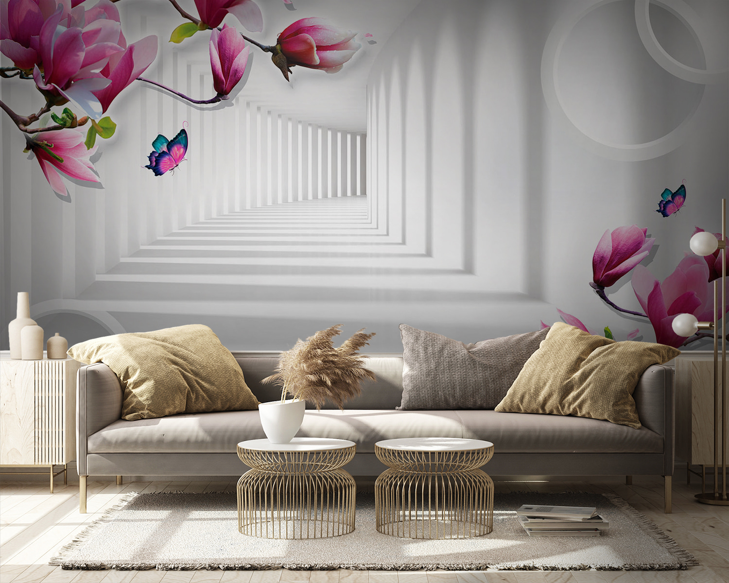 Wallpaper with pink flowers and butterflies Wallpaper with pink flowers and butterflies